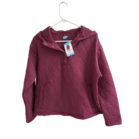 Lands' End Tops - Lands End Womens Quilted Snap Neck Hoodie Burgundy Large NWT Pullover Sweatshirt